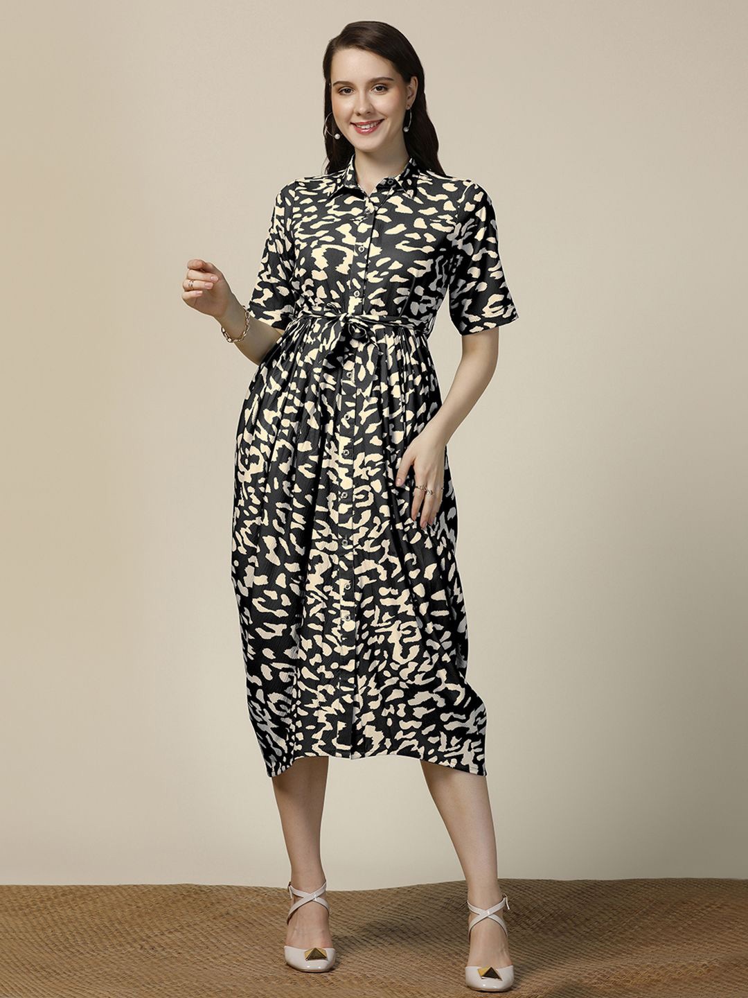 

Moda Rapido Women Printed Fit & Flare Midi Dress With Belt, Beige