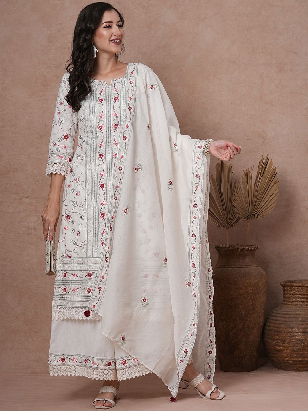 

FASHOR Floral Embroidered Sequinned Pure Cotton Straight Kurta with Palazzos & Dupatta, White
