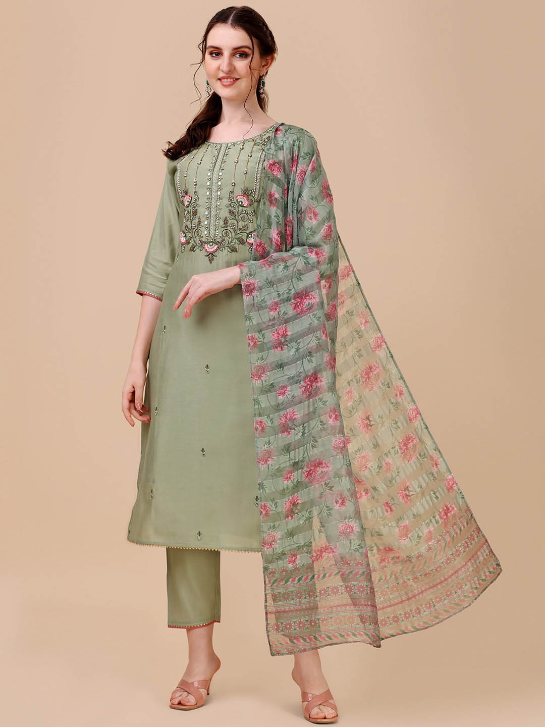 

KALINI Ethnic Motifs Embroidered Beads and Stones Kurta with Trousers & Dupatta, Green