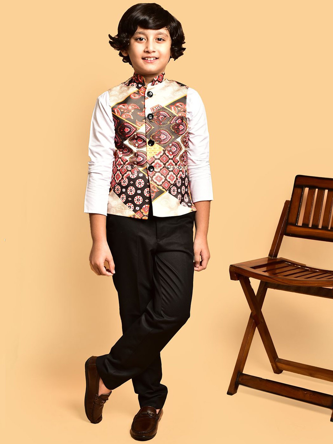 

PRINTINDIA Boys Printed Satin Nehru Jacket, Brown