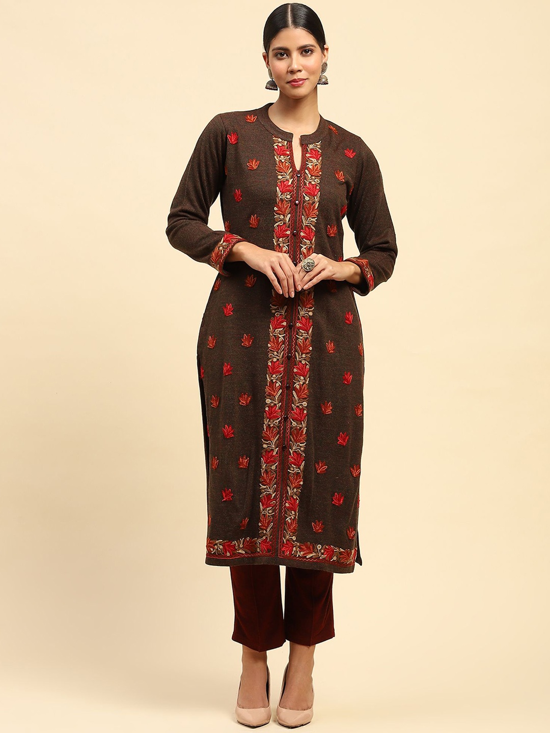 

Me&I Mandarin Collar Floral Embroidered Thread Work Woollen Straight Kurta, Brown