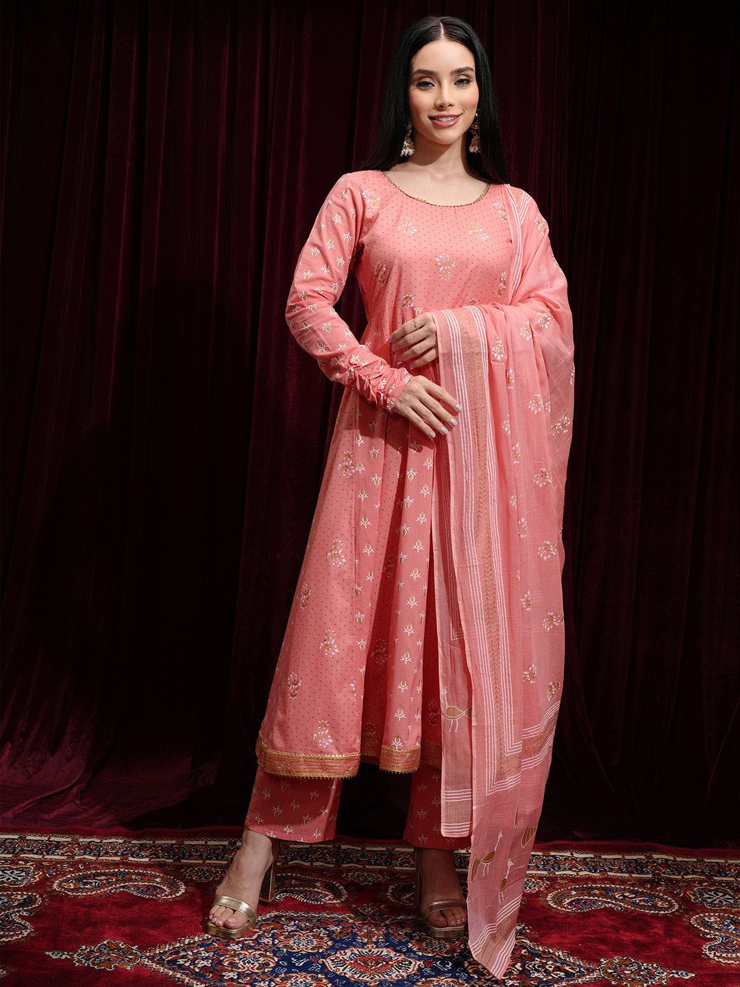 

Vishudh Floral Printed Ruched Sleeves Gotta Patti Anarkali Kurta With Trousers & Dupatta, Pink