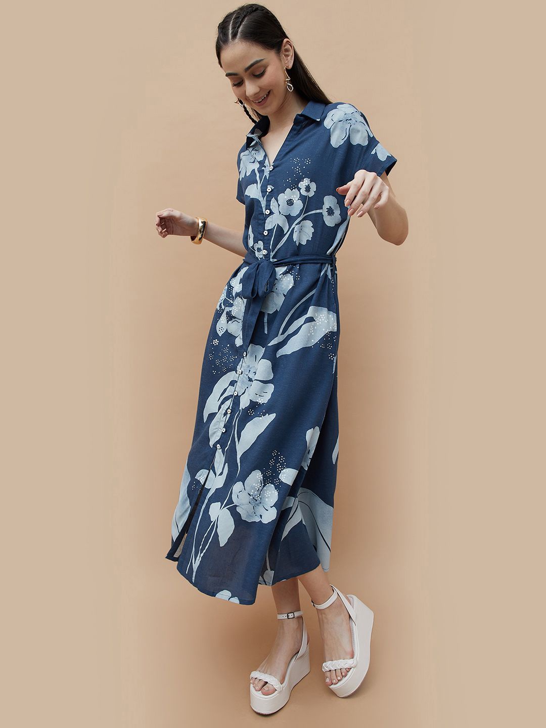 

Colour Me by Melange Women Floral Printed Shirt Midi Dress, Blue