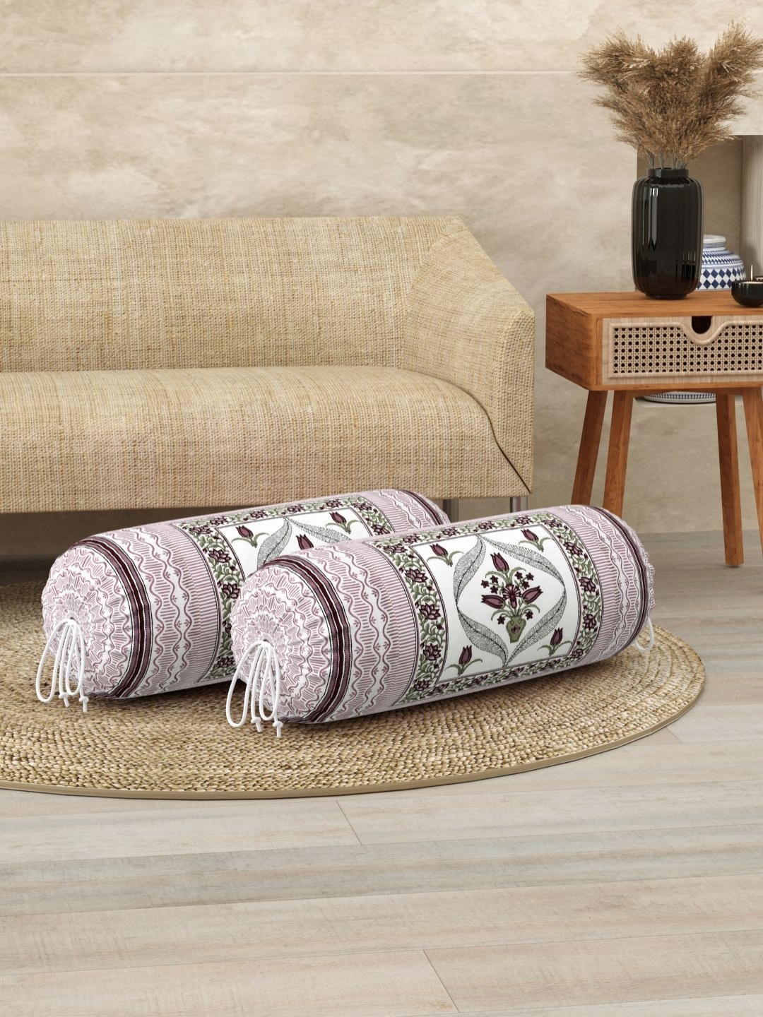 

BLOCKS OF INDIA White & Blue 2 Pieces Ethnic Motifs Printed Cotton Bolster Cover Set, Purple