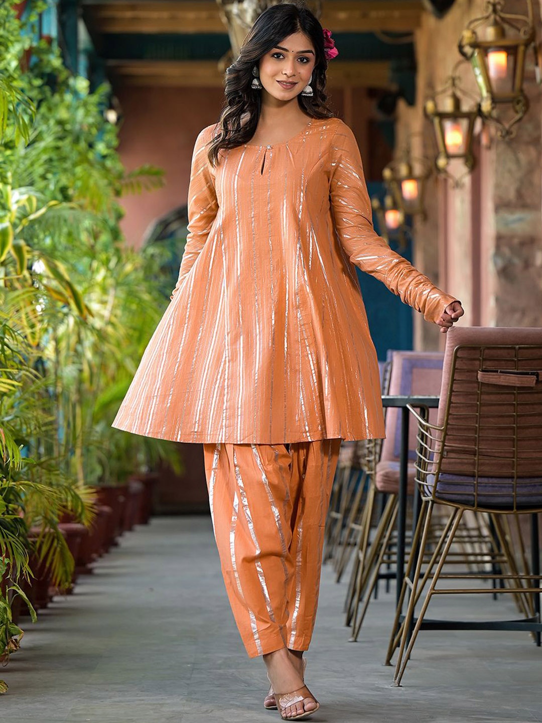 

Anouk Orange Keyhole Neck Striped Panelled Pure Cotton Kurta with Patiala