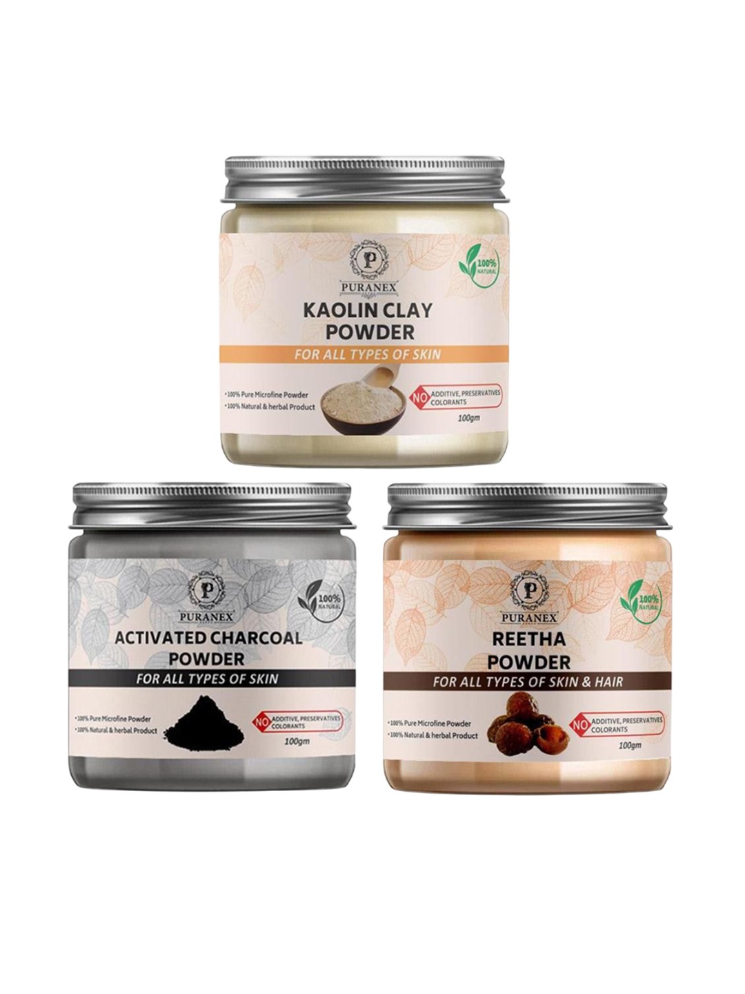 

Puranex Set Of 3 Kaolin Clay- Activated Charcoal & Reetha Powder - 100 g Each, White