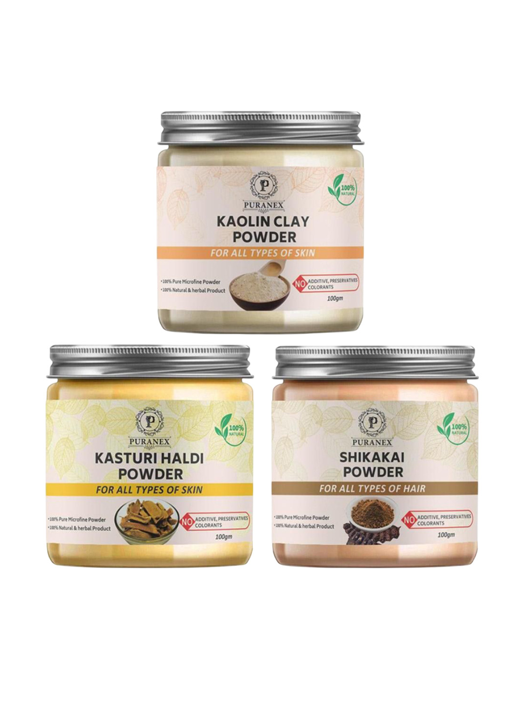 

Puranex Set Of 3 Kaolin Clay- Kasturi Haldi & Shikakai Powder Skin & Hair - 100 g Each, White