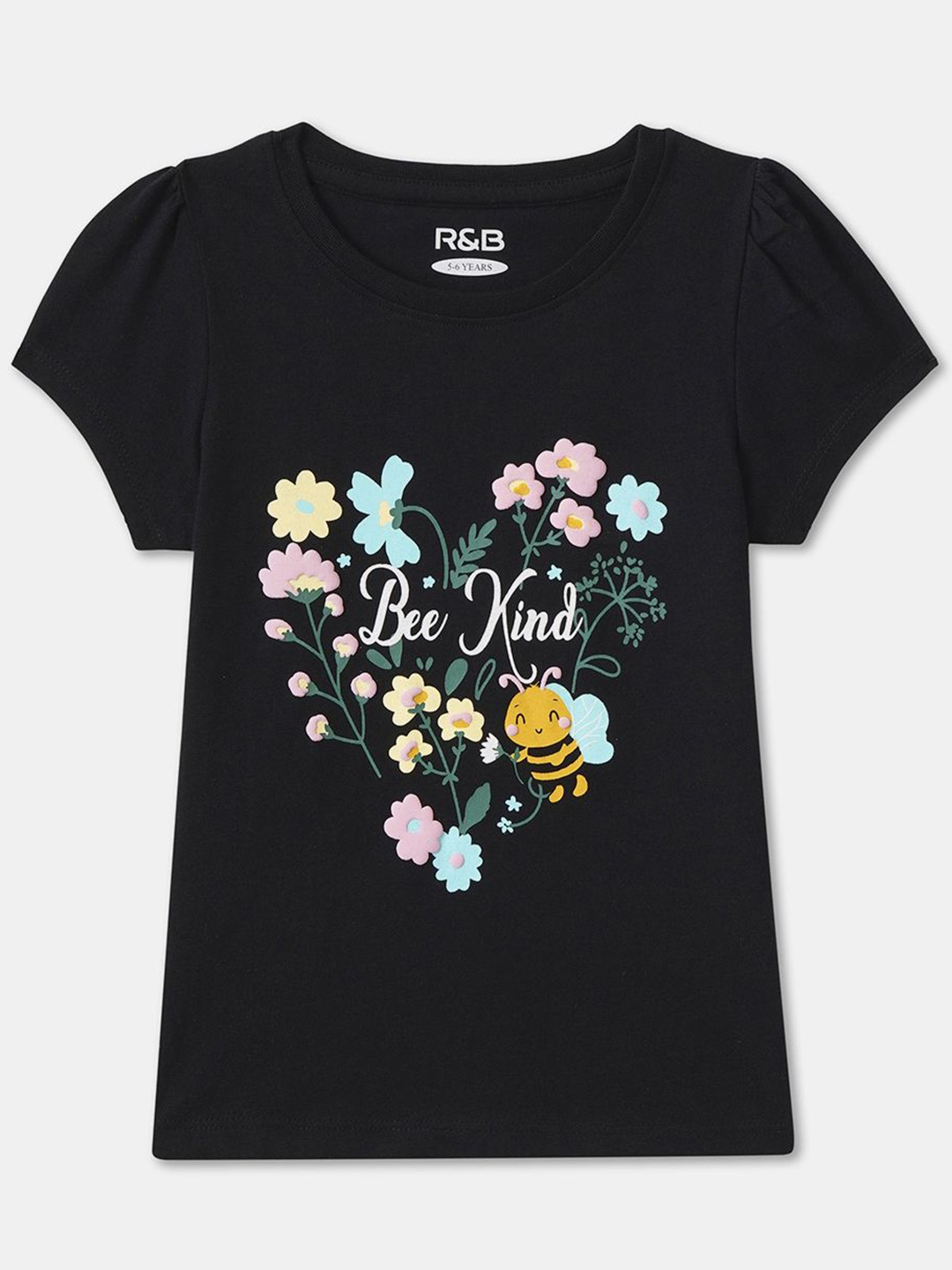 

R&B Girls Floral Printed Puff Sleeves Cotton Casual T-shirt, Black