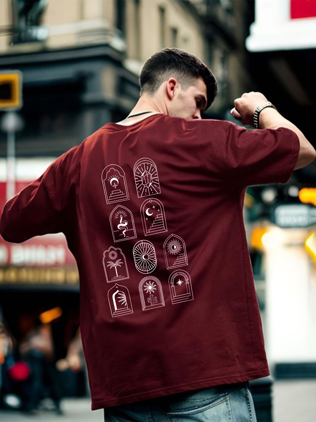 

GESPO Men Graphic Printed Round Neck Pure Cotton Oversized T-shirt, Maroon