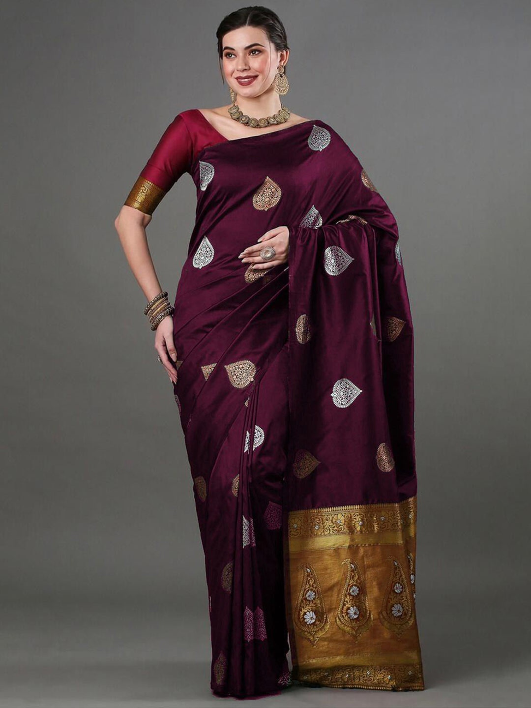 

Fashion Booms Ethnic Motifs Zari Pure Silk Banarasi Saree, Purple