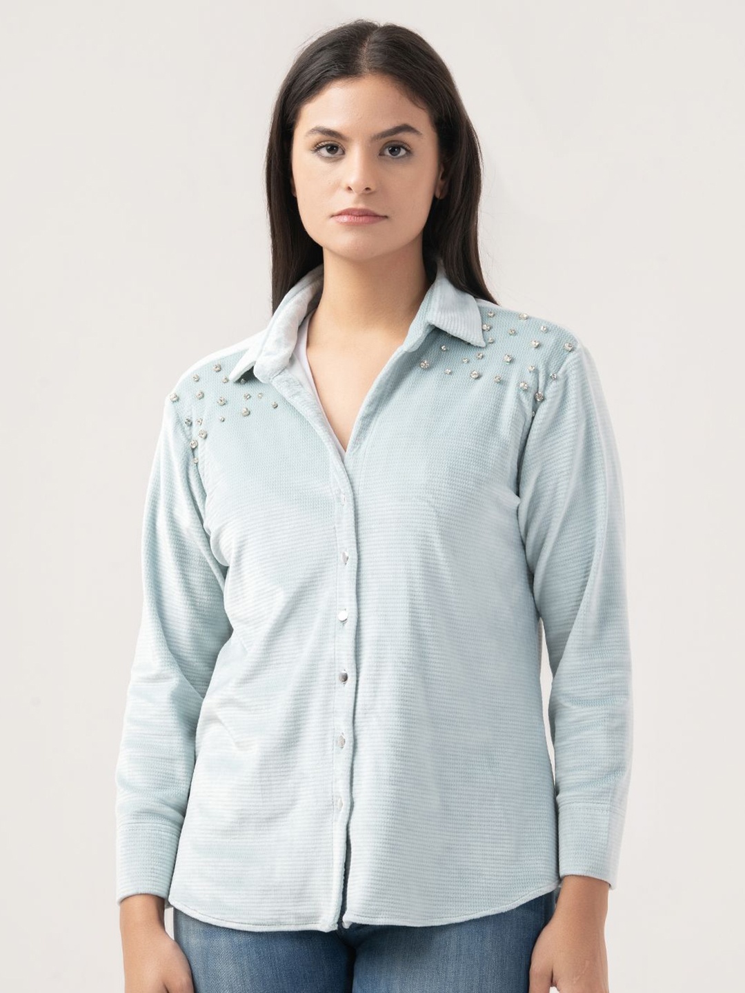 

Albion By CnM Women woollen Self Design Embellished Casual Shirt, Blue