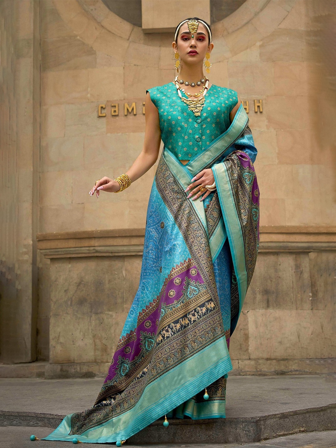 

MAHALASA Ethnic Motifs Woven Design Zari Patola Saree, Turquoise blue