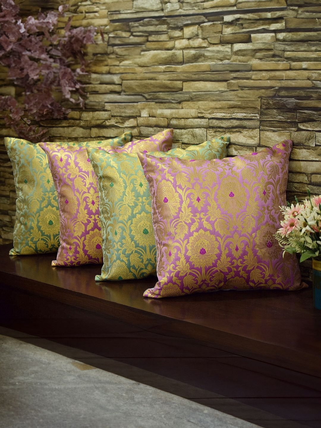 

RoyalDeco Lavender & Green 4 Pieces Ethnic Motifs Square Cushion Covers