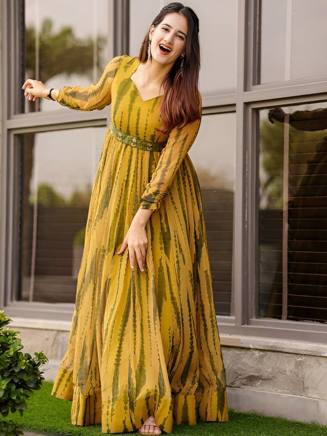 

BAESD Abstract Printed Sweetheart Neck Georgette Anarkali Ethnic Dresses, Yellow