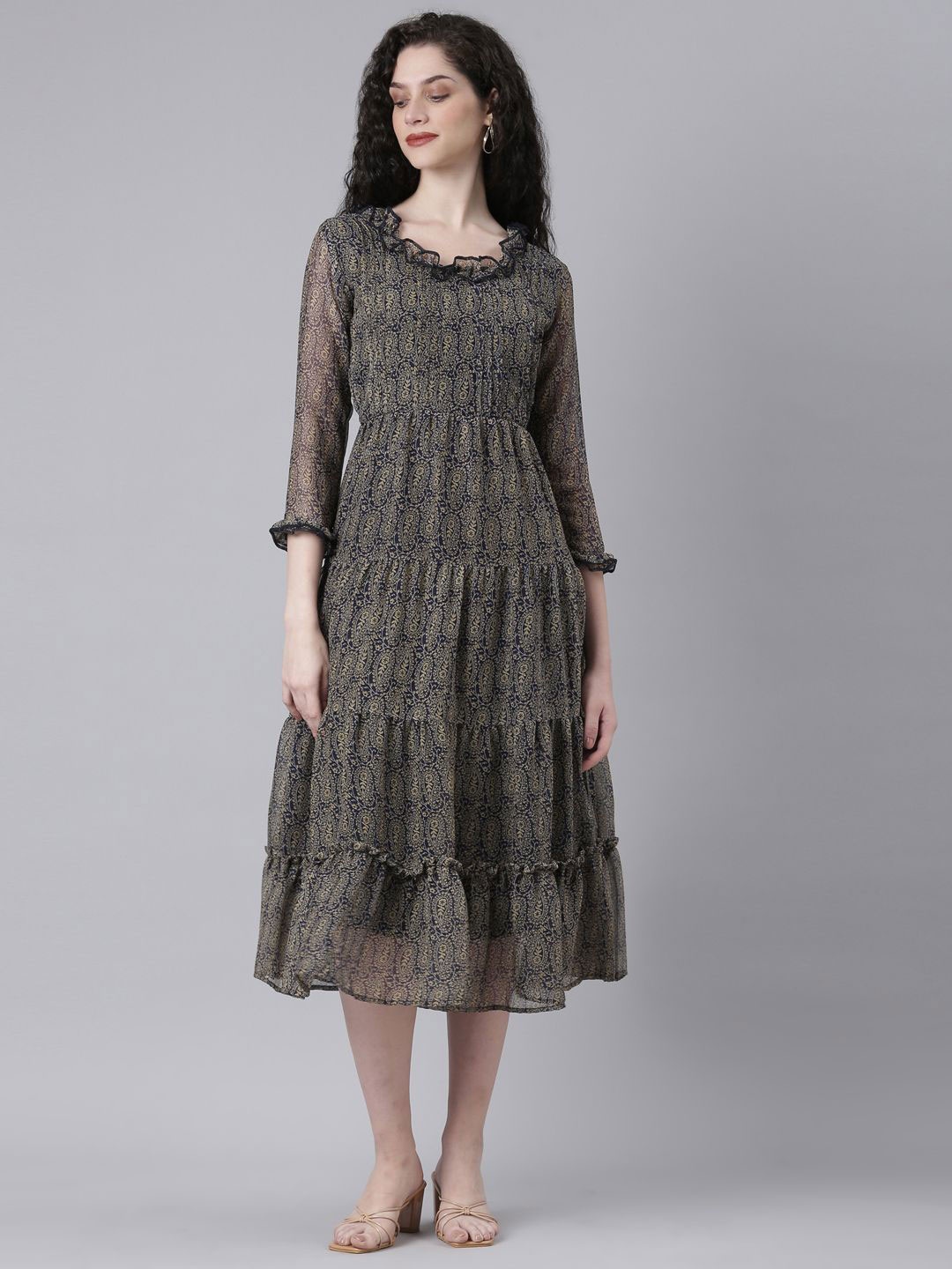 

Souchii Women Ethnics Motifs Printed Layered Chiffon Fit - Flare Dress, Navy blue