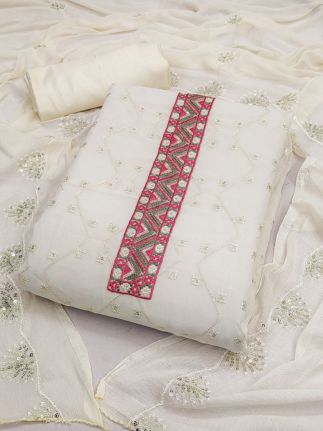 

LADY SHOPI Geometric Embroidered Sequinned Silk Georgette Unstitched Dress Material, White