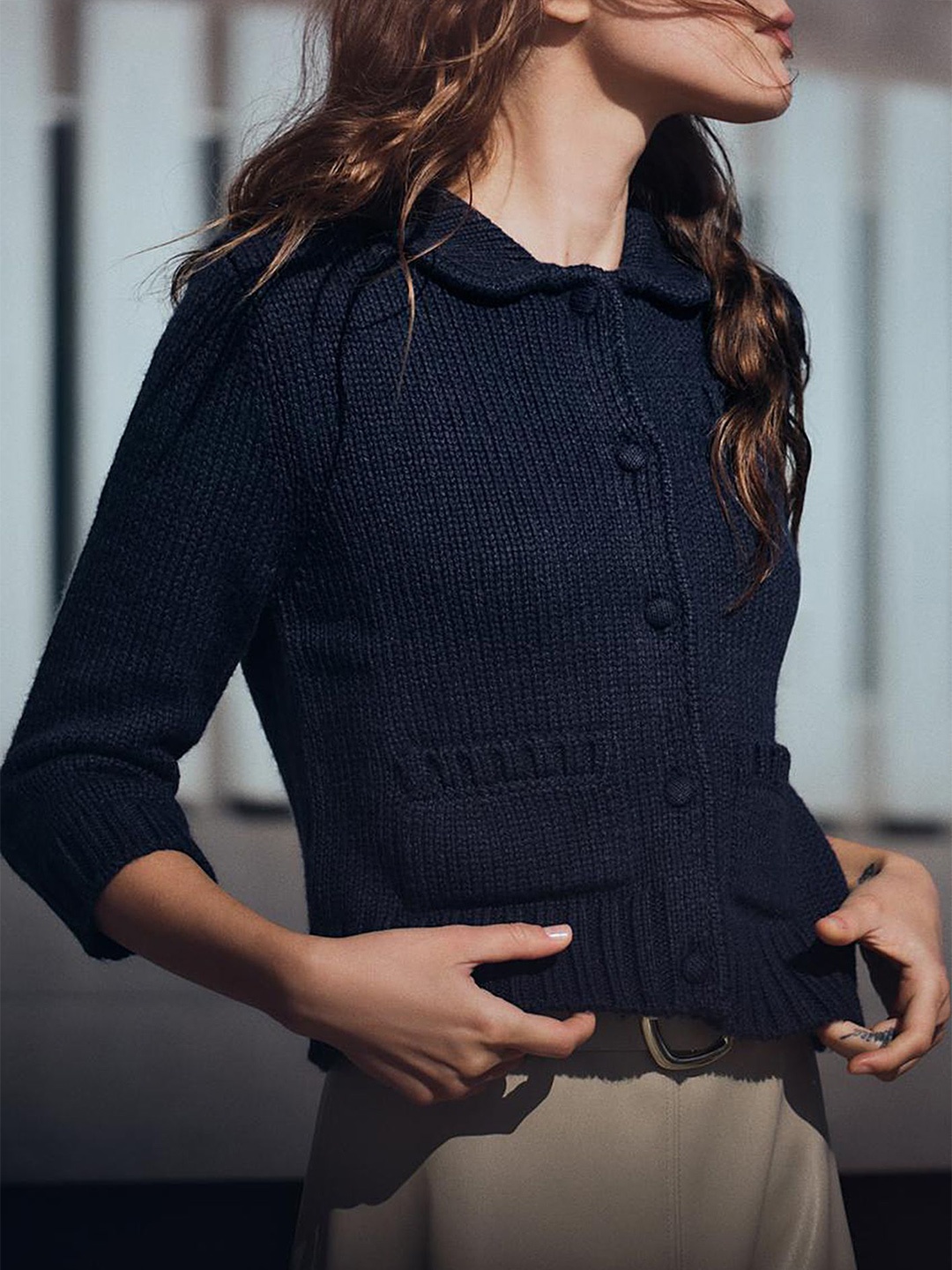 

LULU & SKY Women Self Design Cable Knit Shirt Collar Cardigan Sweaters, Navy blue