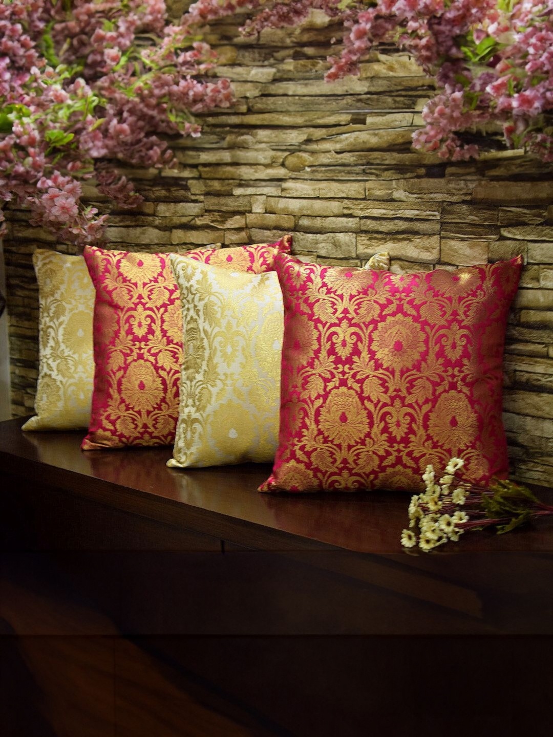 

RoyalDeco Pink & Gold-Toned 4 Pieces Ethnic Printed Brocade Silk Square Cushion Covers