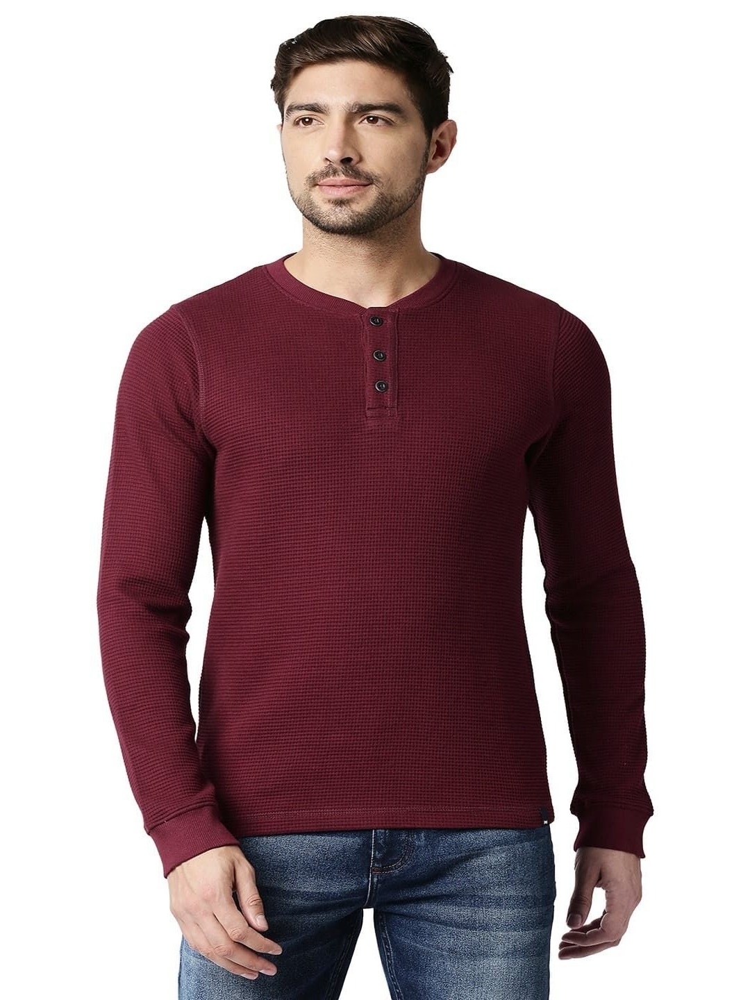 

Basics Men Self Design Henley Neck Slim Fit Pure Cotton T-shirt, Maroon