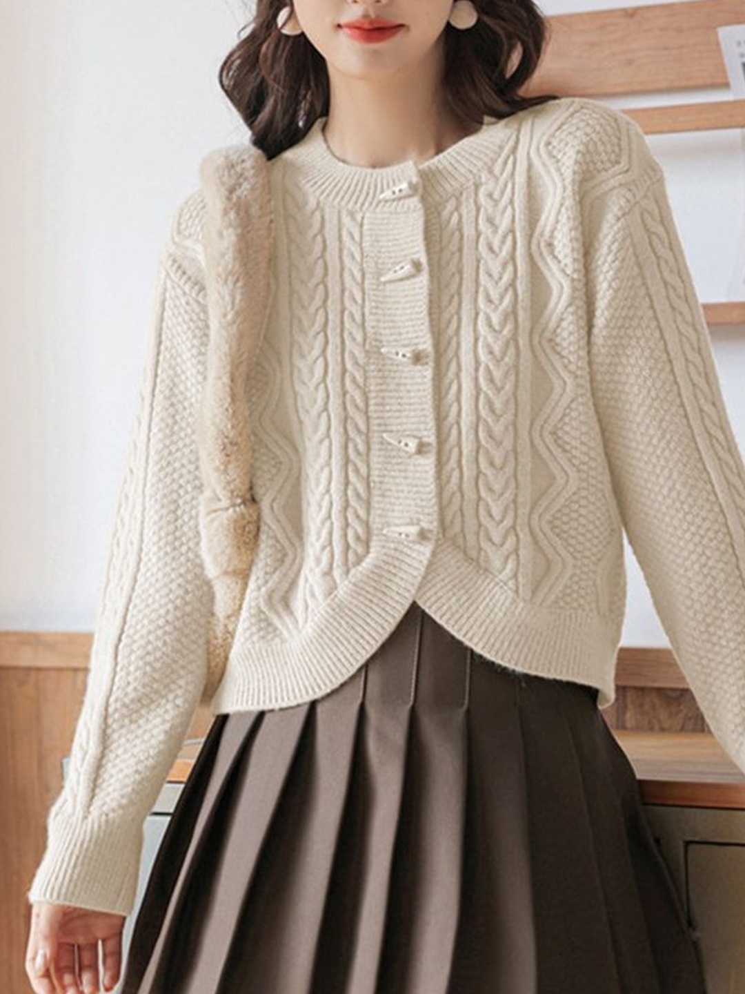 

LULU & SKY Women Self Design Cable Knit Cardigan Sweater, Off white