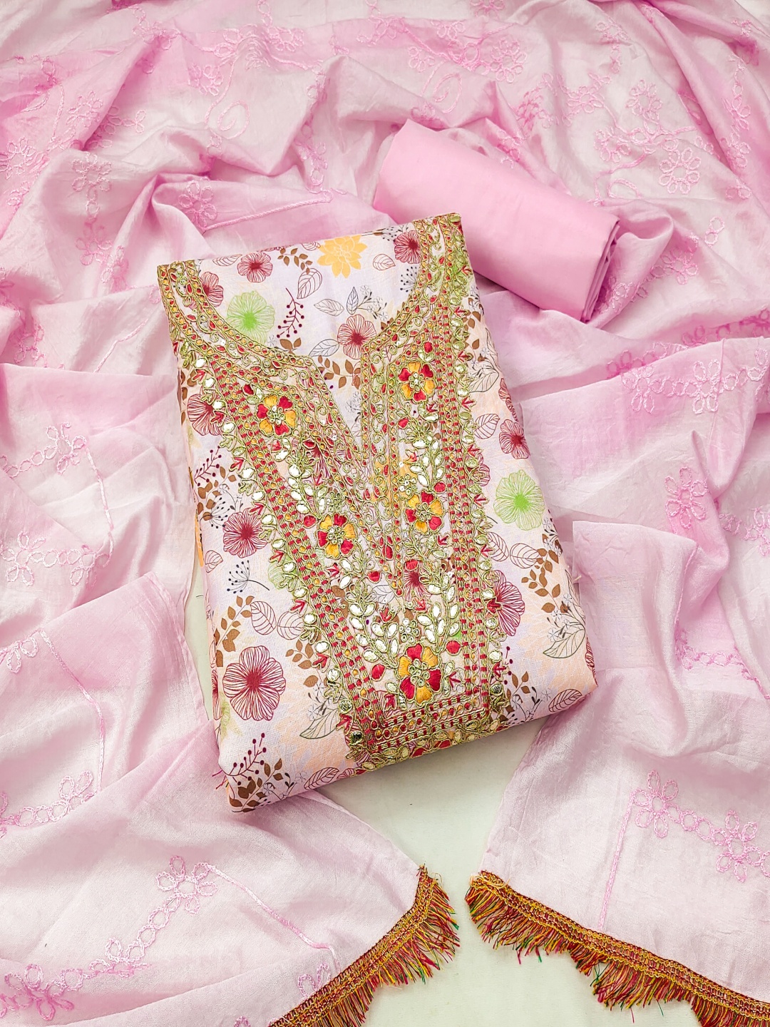 

Maroosh Floral Embroidered Mirror Work Unstitched Dress Material, Pink