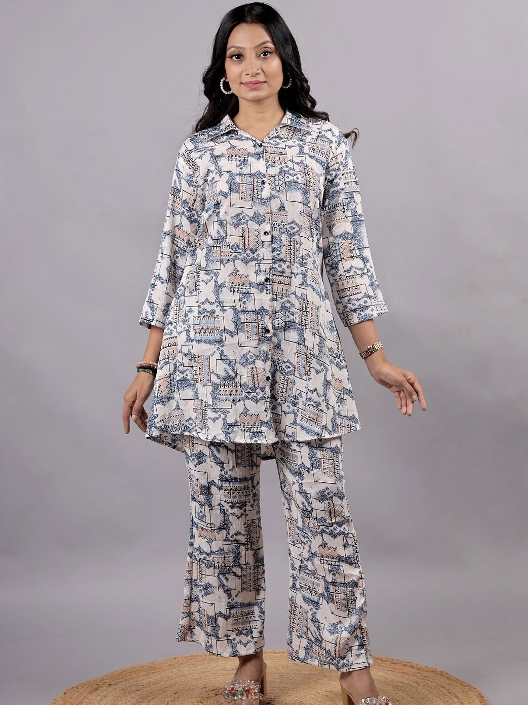 

NIJANAND TEXTILE Shirt Collar Printed Pure Cotton Top With Trouser, Off white