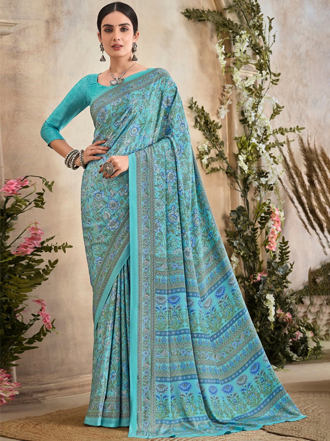 

Reboot Fashions Floral Printed Pure Crepe Saree, Blue