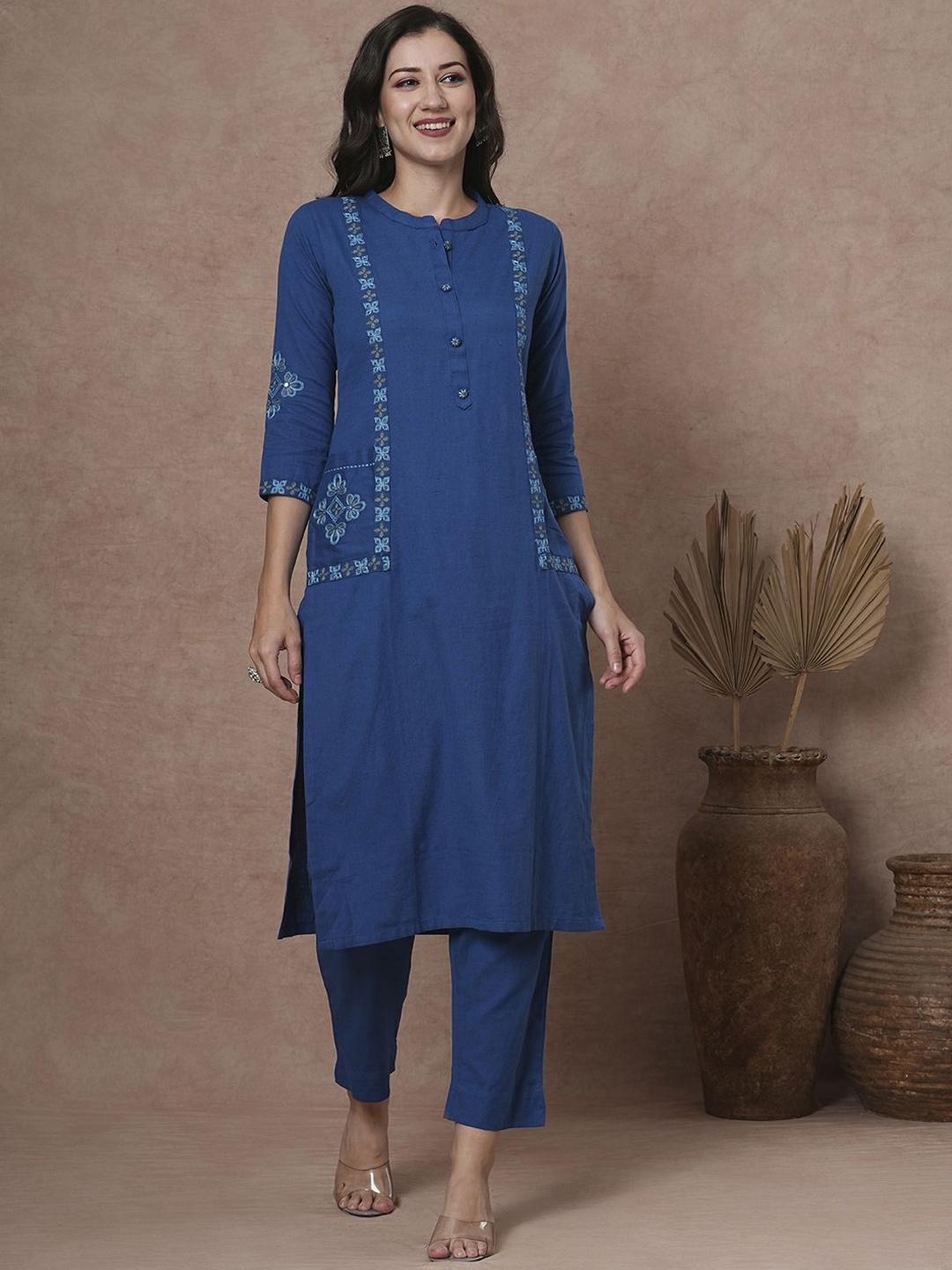 

FASHOR Blue Mandarin Collar Embroidered Pure Cotton Tunic & Trouser