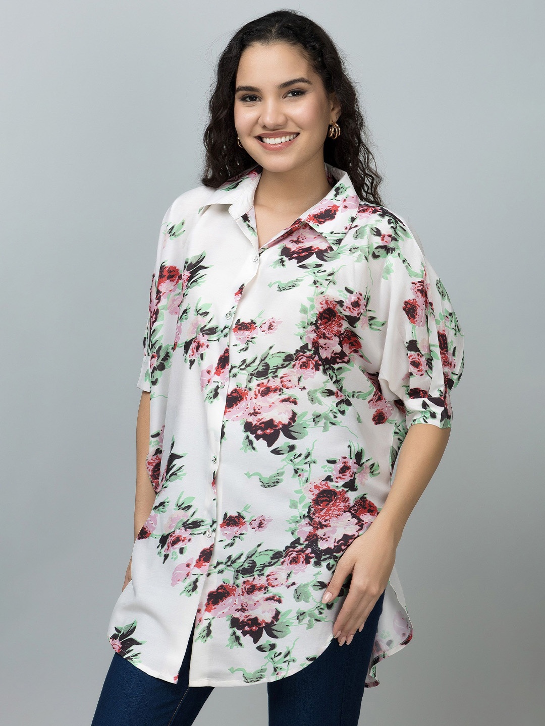 

PURYS Women Standard Opaque Floral Printed Spread Collar Cotton Casual Shirt, Off white