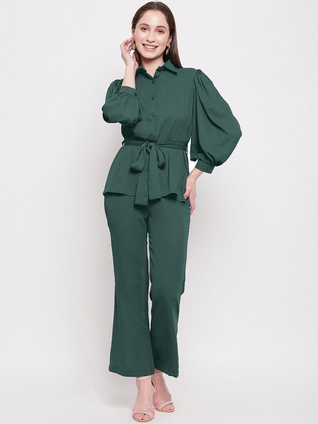 

DressBerry Shirt Collar Three-Quarter Sleeves Shirt With Trouser, Green