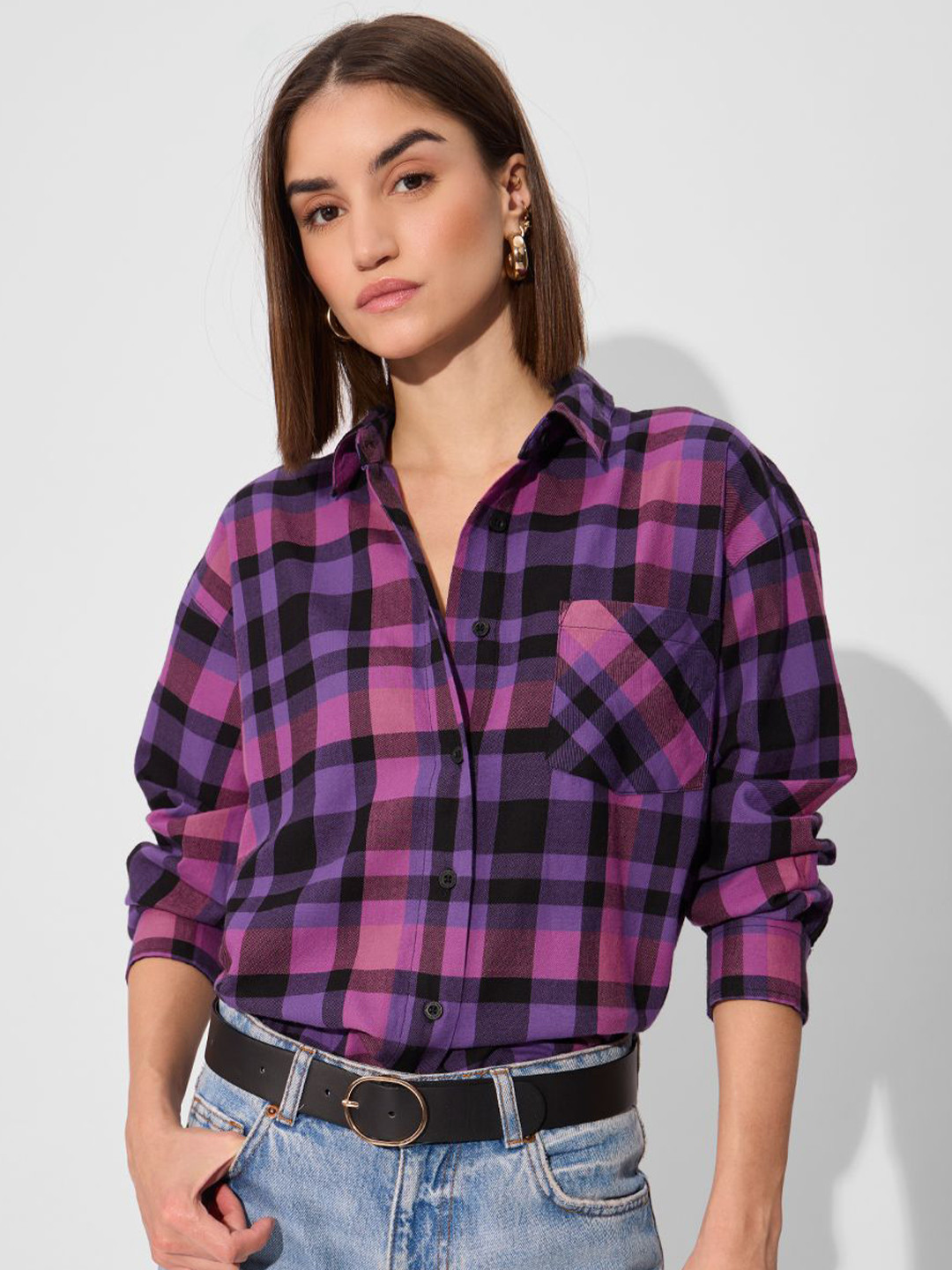 

The Souled Store Women Tartan Checks Checked Oversized Casual Shirt, Purple