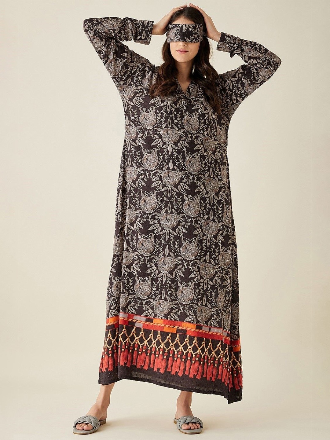 

The Kaftan Company Printed Maxi Nightdress, Black