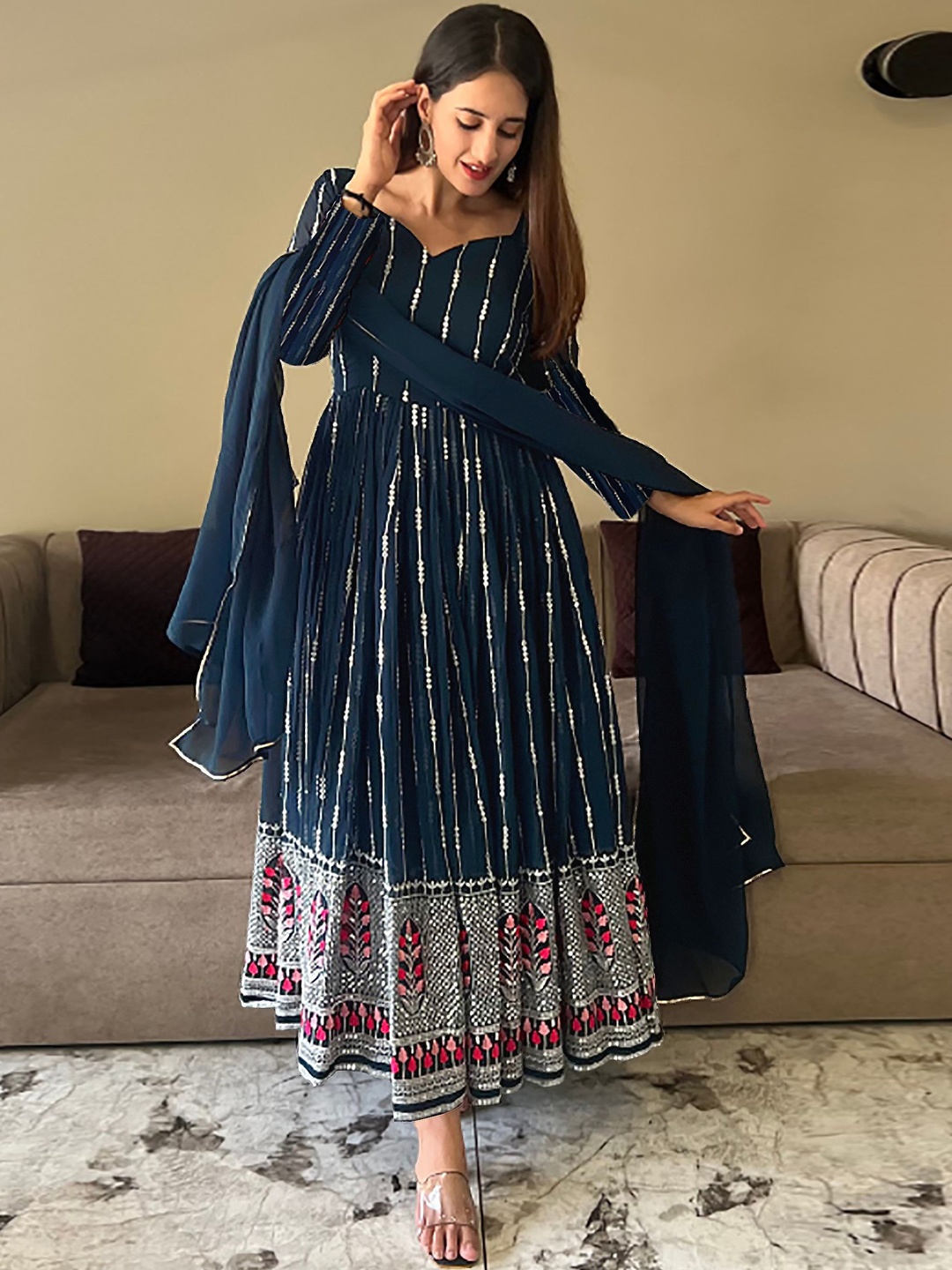 

BAESD Striped Embroidered Sweetheart Neck Georgette Gown Ethnic Dresses With Dupatta, Blue