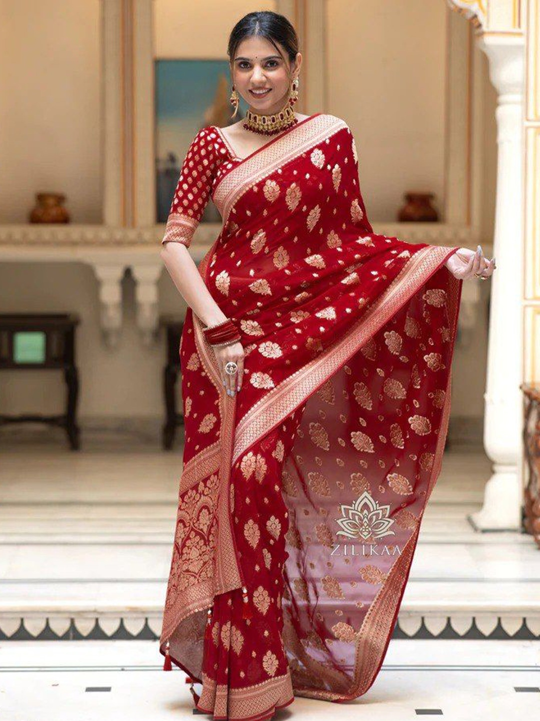 

Fashion Booms Woven Design Zari Pure Silk Banarasi Saree, Red