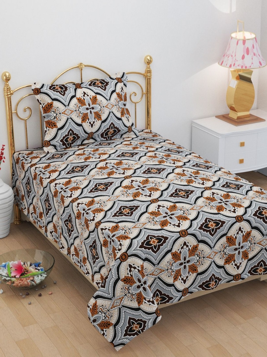 

FINE TEX WORLD Mayur Brown Printed Microfiber 210 TC Single Bedsheet Set 2.28 x 1.52m