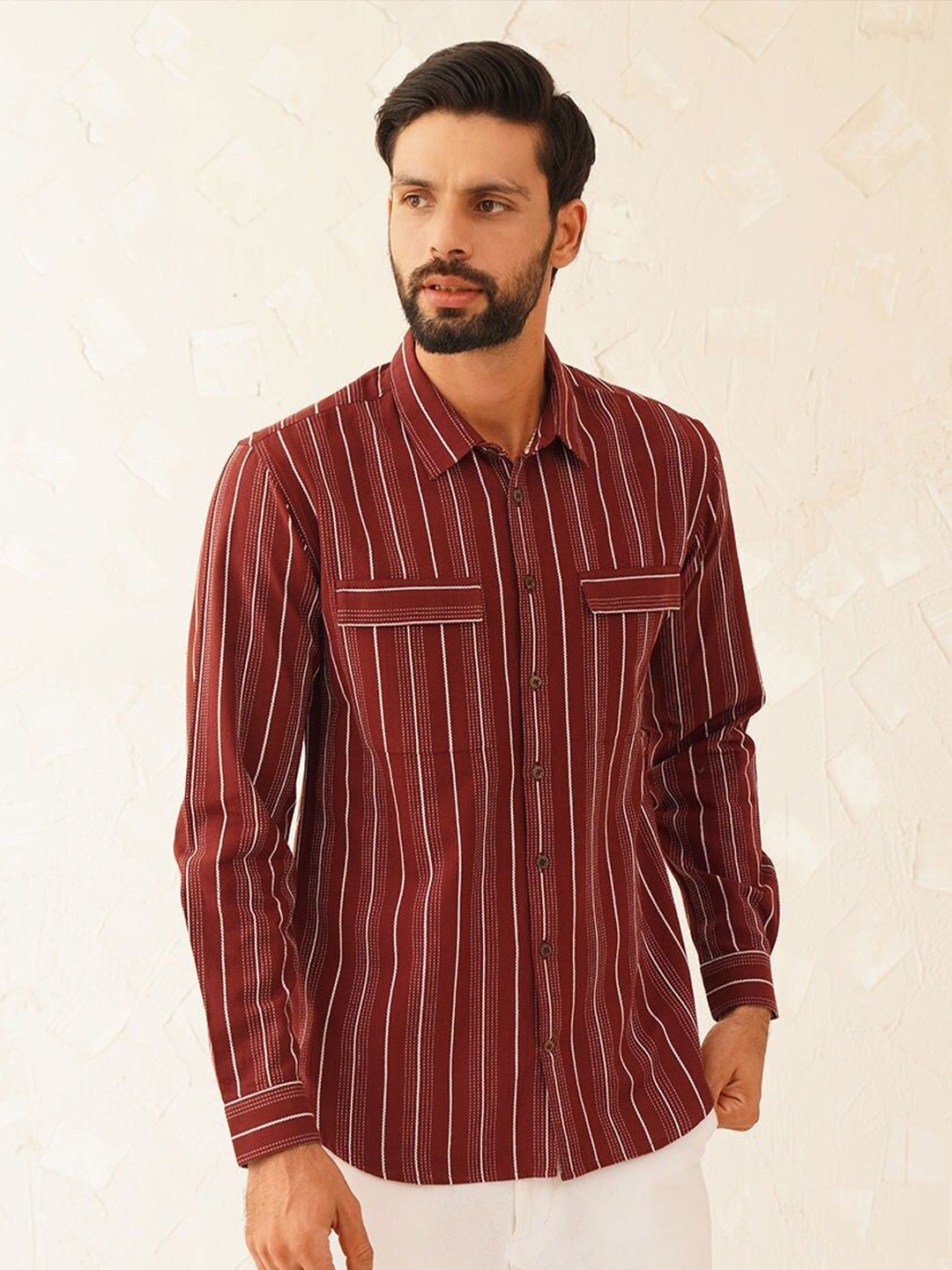 

JAYPORE Men Standard Vertical Striped Pure Cotton Casual Shirt, Maroon