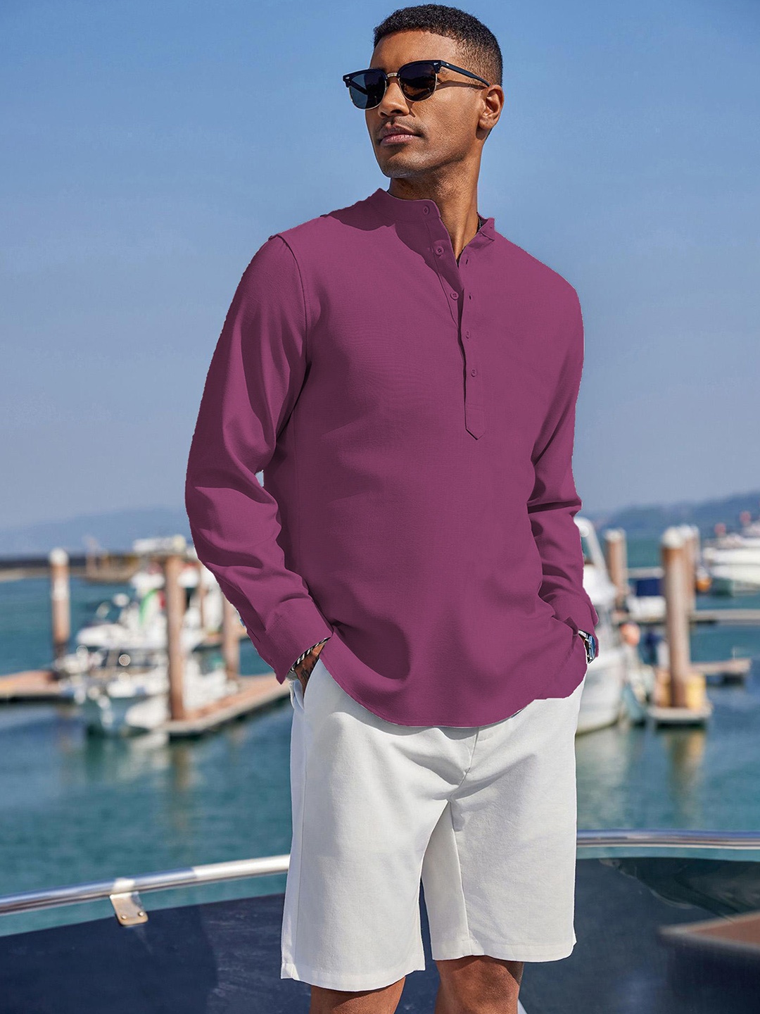 

Anouk Mandarin Collar Cotton Straight Short Kurta, Pink
