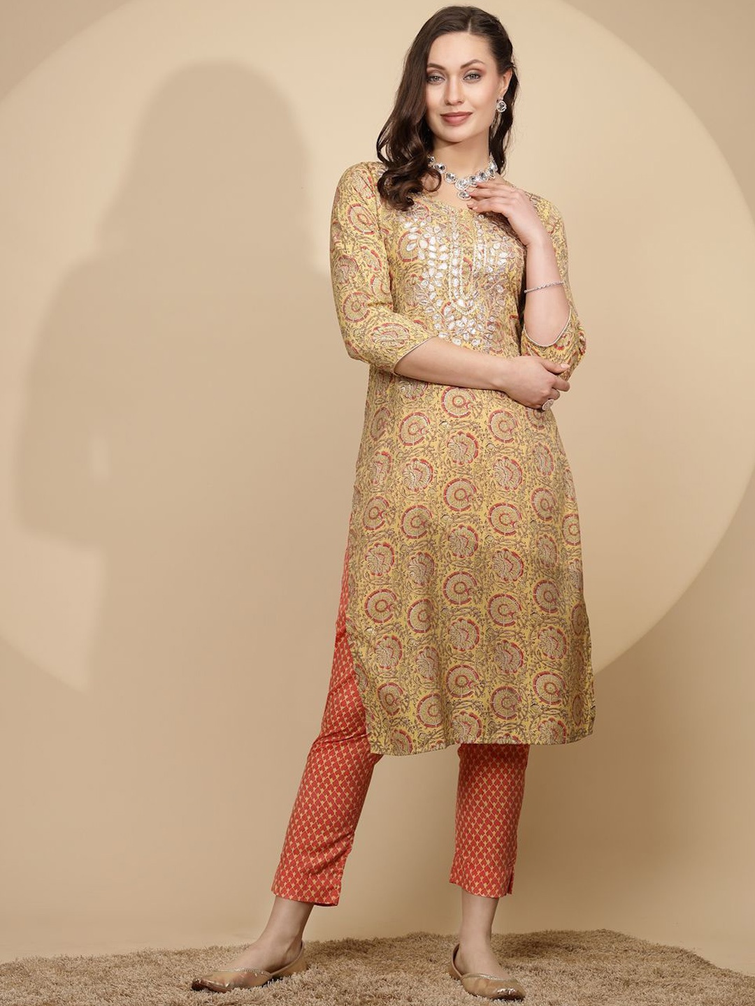 

Me&I Floral Printed Gotta Patti Pure Cotton Straight Kurta with Trousers, Yellow