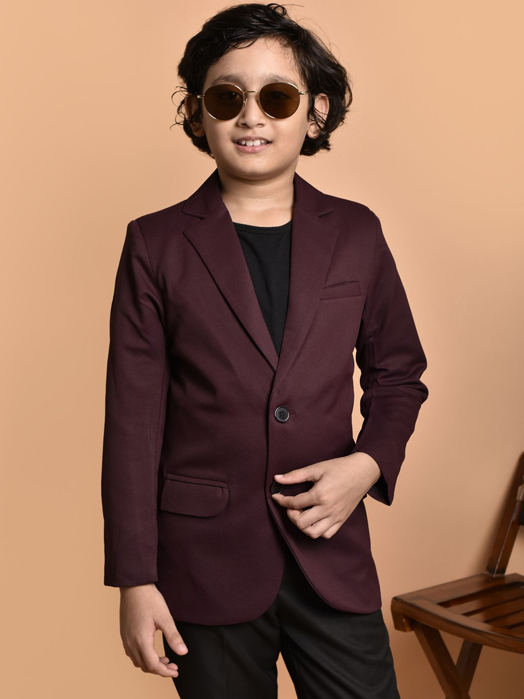 

PRINTINDIA Boys Notched Lapel Slim-Fit Single-Breasted Blazers, Brown