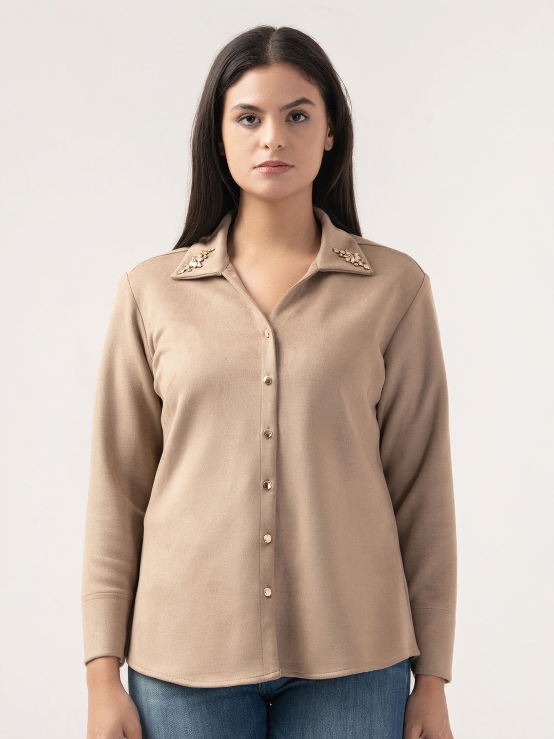 

Albion By CnM Women Solid Embellished Cotton Casual Shirt, Beige