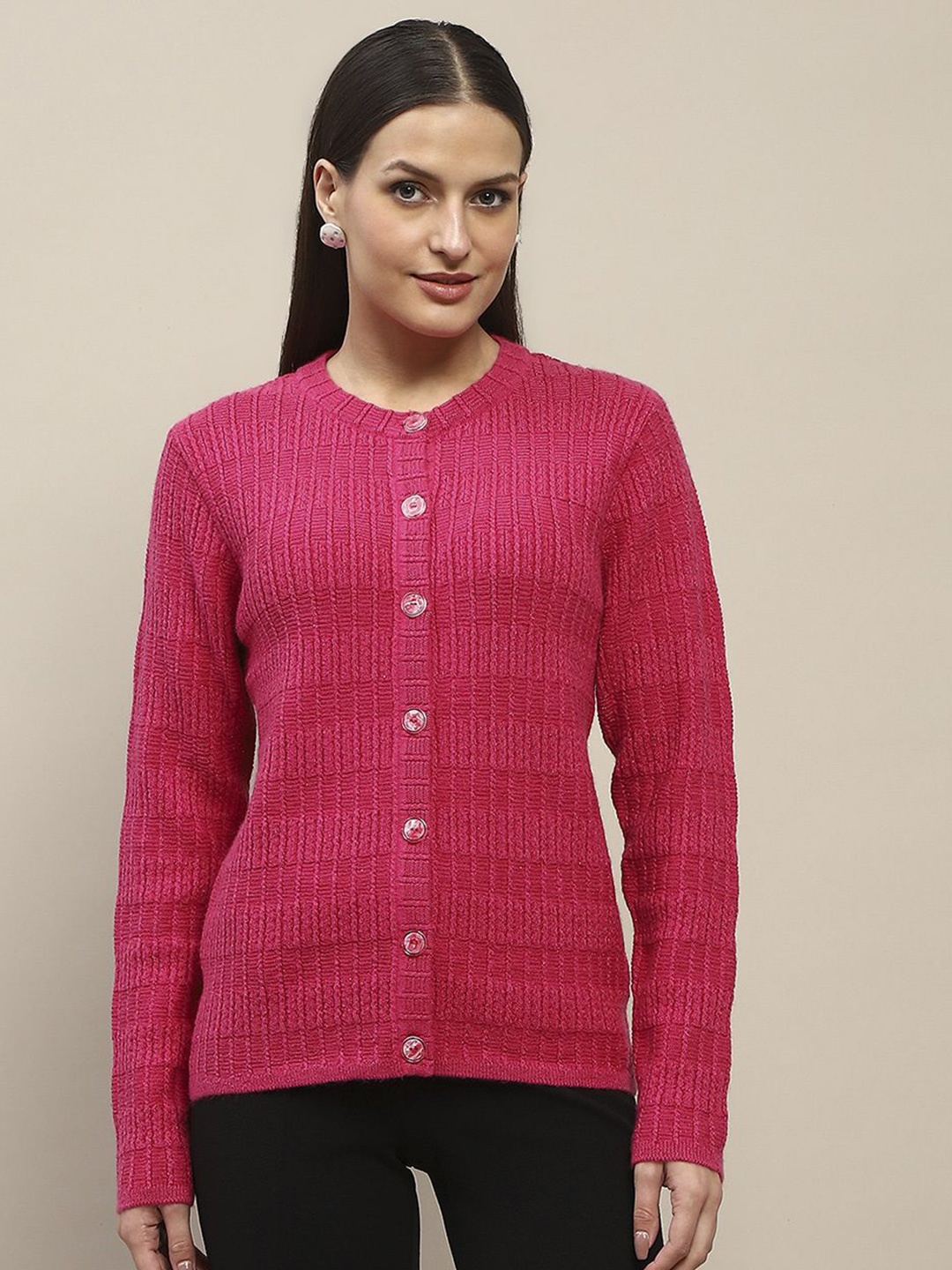 

Madame Women Round Neck Cardigan, Pink