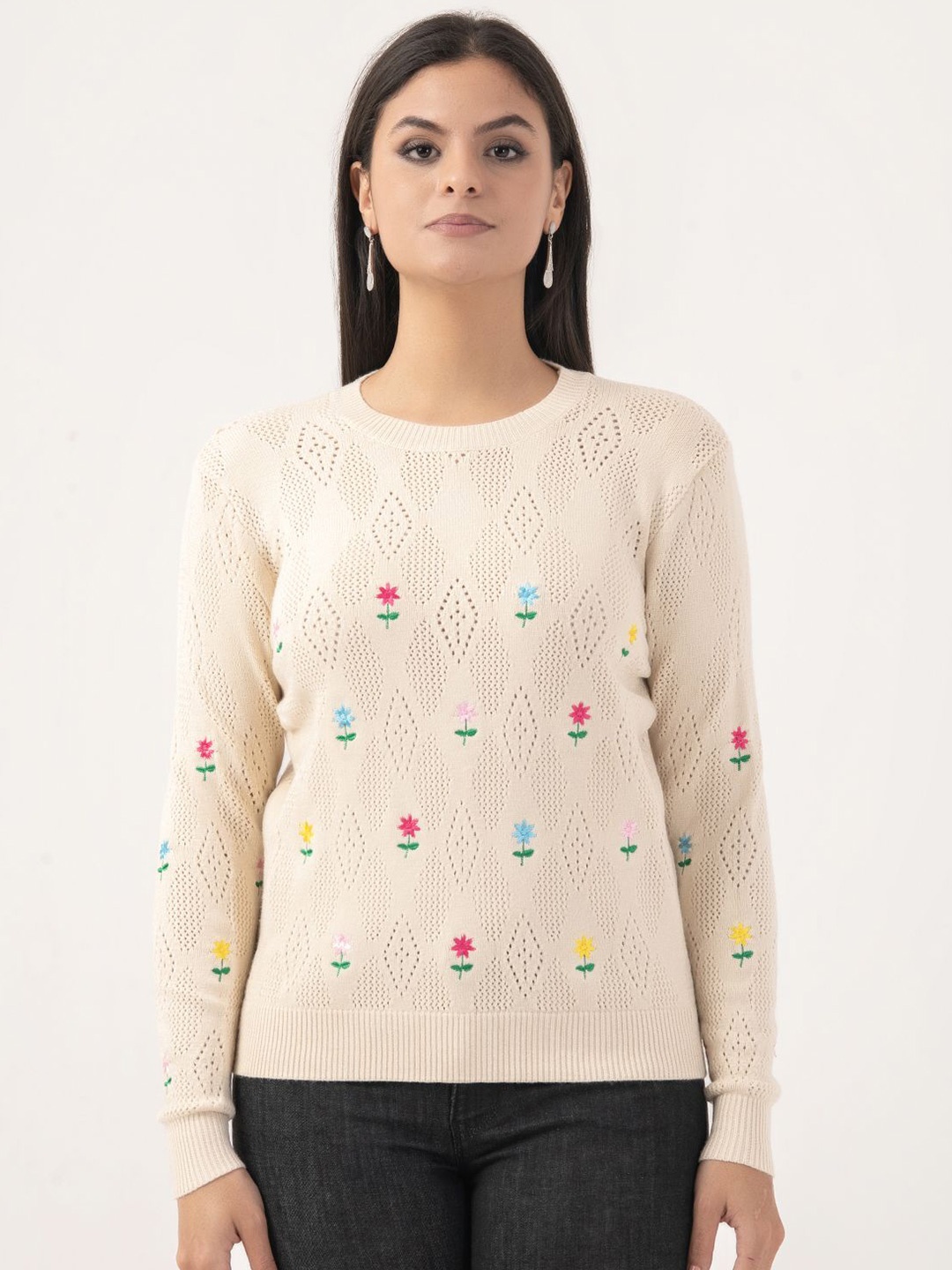 

Albion By CnM Women Open Knit Pullover with Embroidered Detailed, Off white