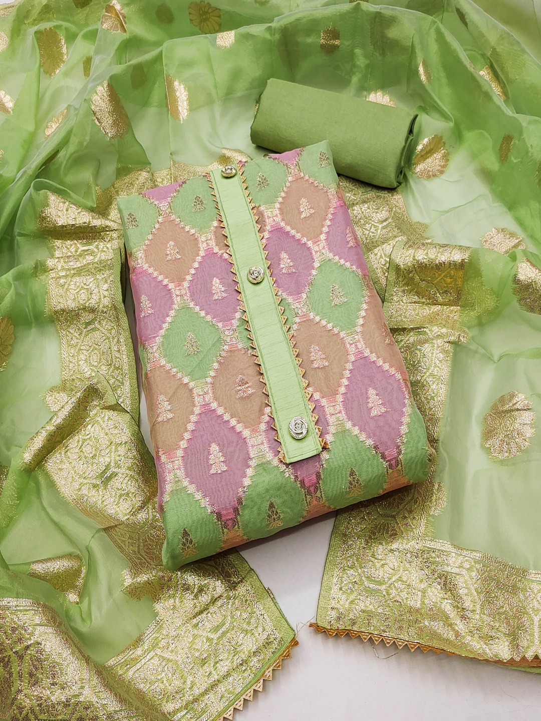 

Maroosh Geometric Woven Design Gotta Patti Organza Unstitched Dress Material, Green