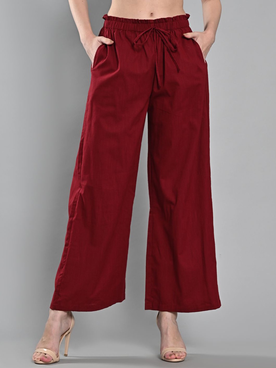 

IZEL Women Wide Leg Mid-Rise Loose Fit Cotton Trousers, Maroon