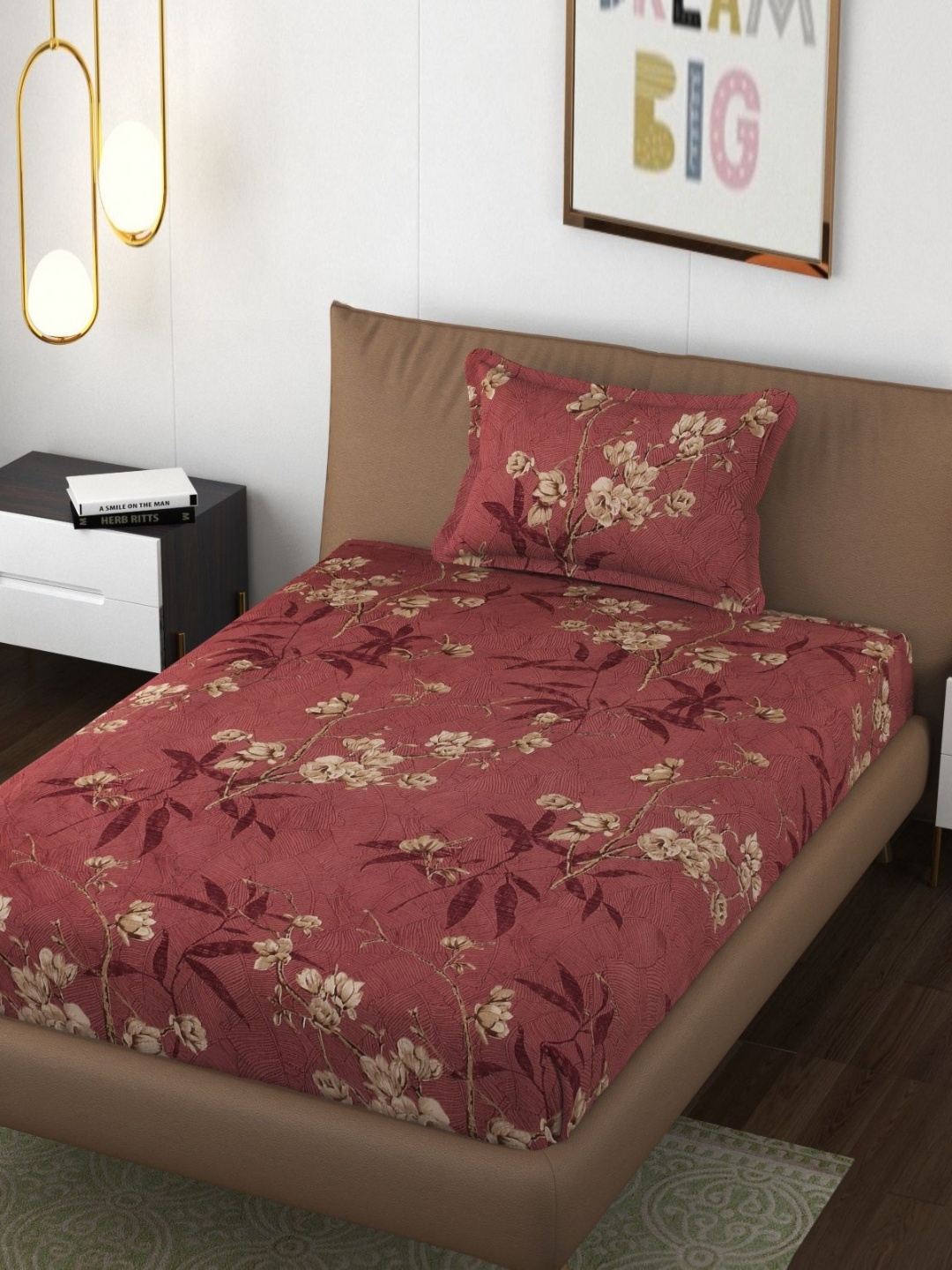 

FINE TEX WORLD Purple & Beige 210 TC Single Bedsheet with 1 Pillow Covers