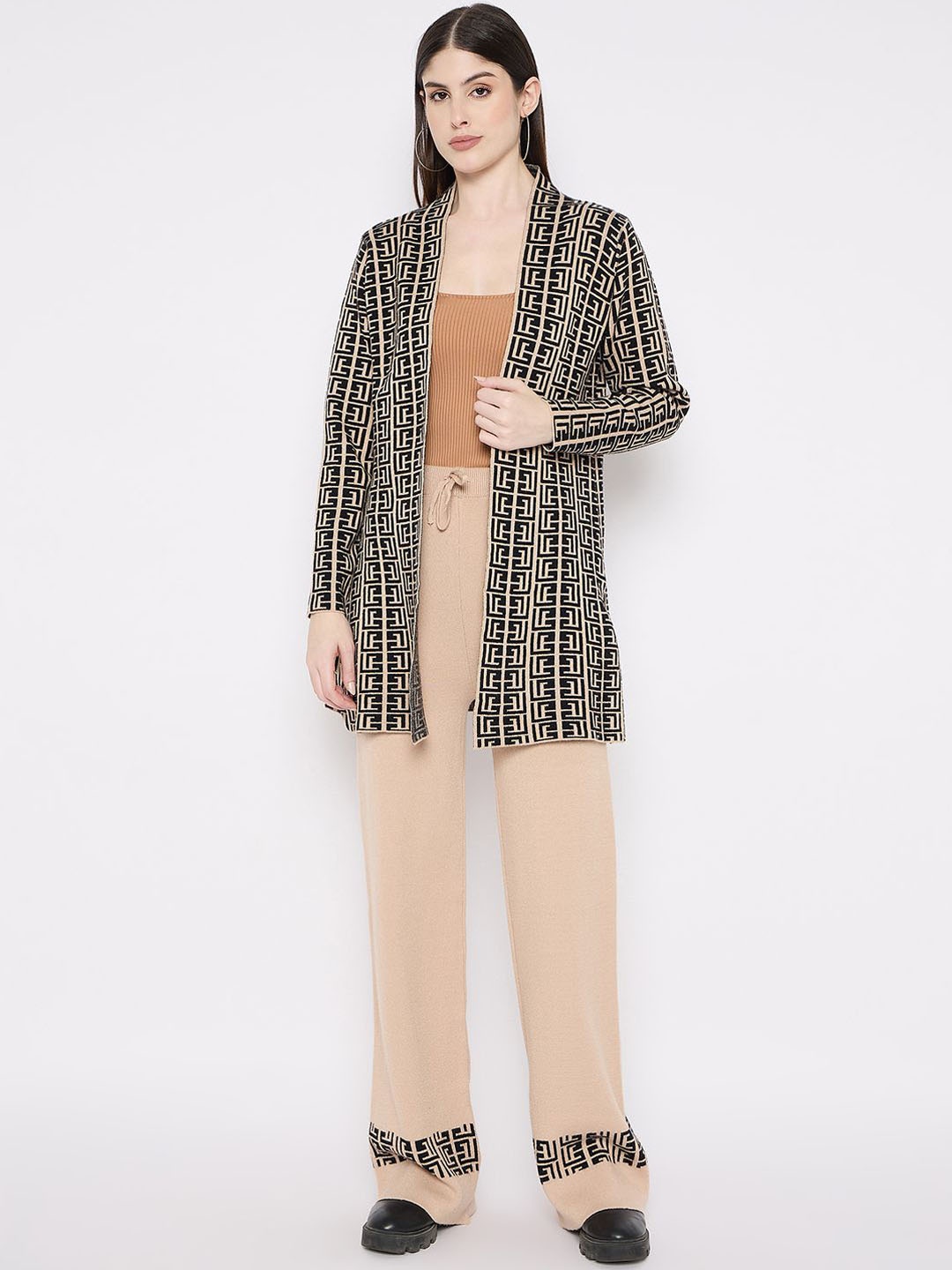 

Camey Acrylic Printed Open Front Shrug With Palazzos, Beige
