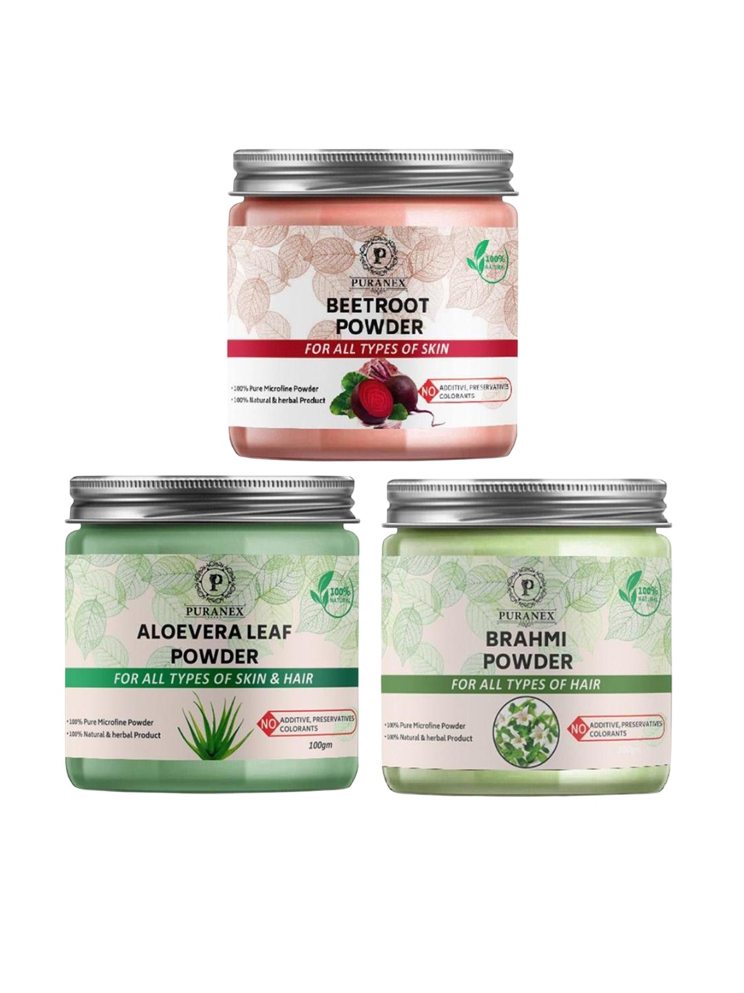 

Puranex Set Of 3 Beetroot, Aloevera Leaf & Brahmi Hair & Skin Powder -100 g Each, White