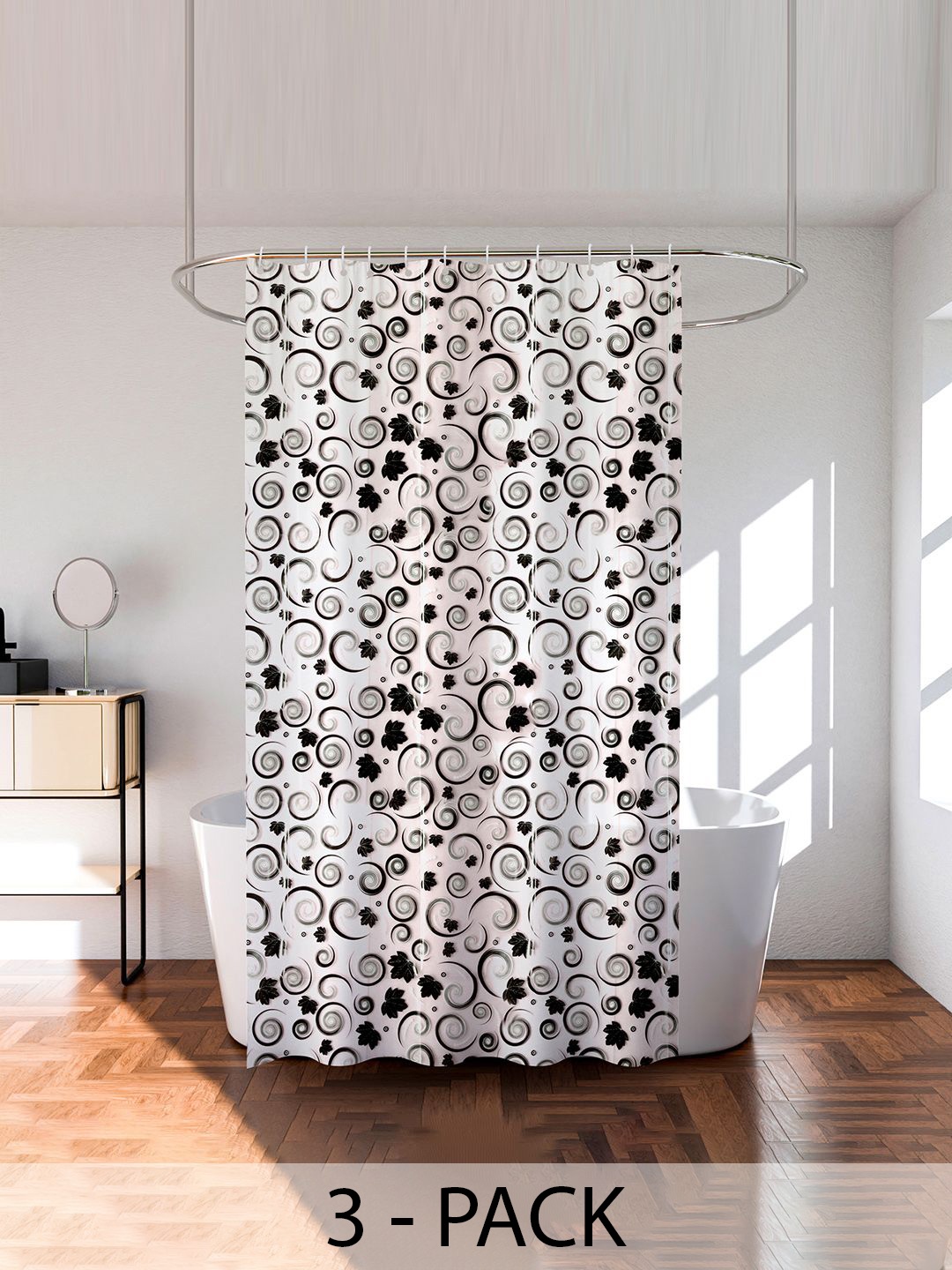 

Kuber Industries Black & White 3 Pieces Geometric Printed Shower Curtain With Rings