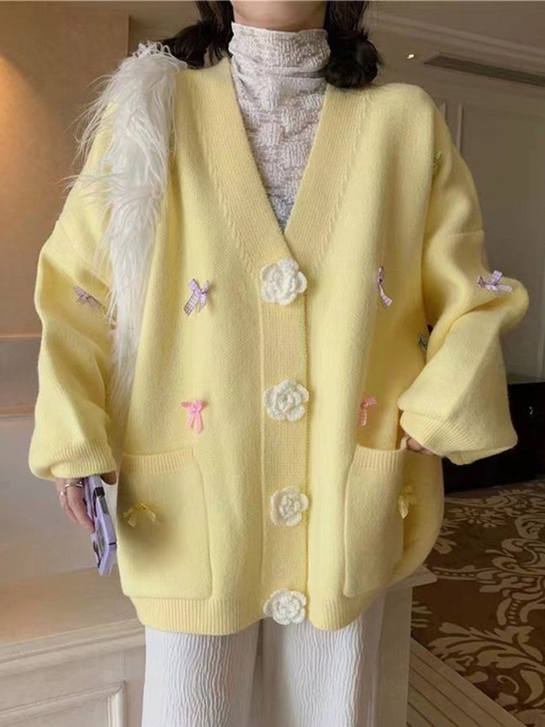 

LULU & SKY Women Bow Applique Cardigan, Yellow