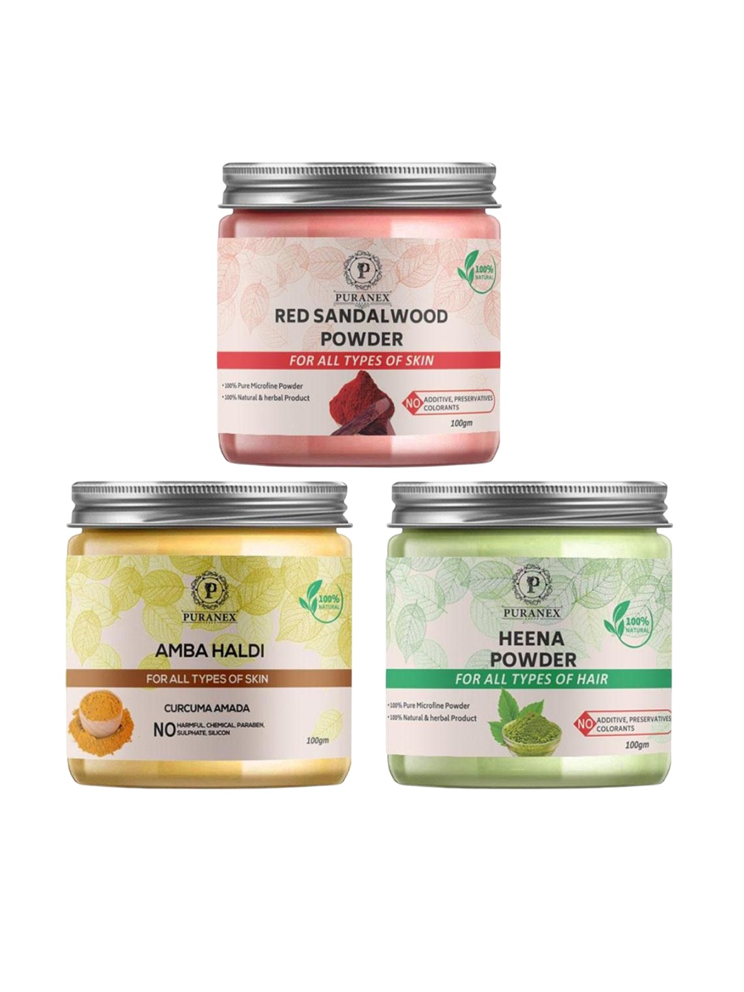 

Puranex Set Of 3 Natural Red Sandalwood - Amba Haldi & Heena Powder - 100 g Each, Pink